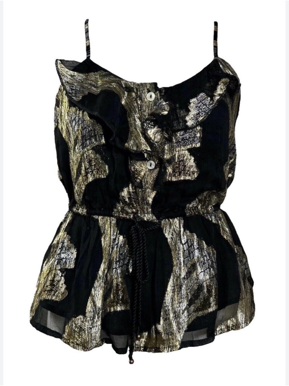 Anthropologie Black and Gold Metallic Ruffle Cami Top NWT